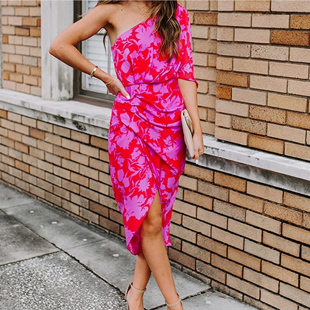 One Shoulder Pink and Red Asymmetrical Dress
